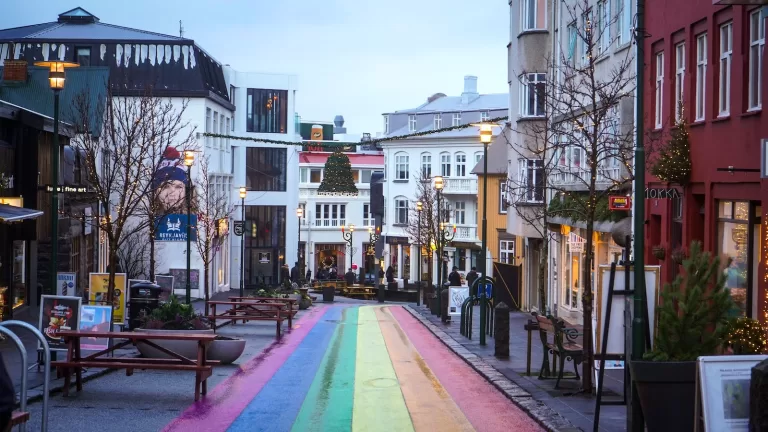 Rainbow painted street in LGBTQ Reykjavik.