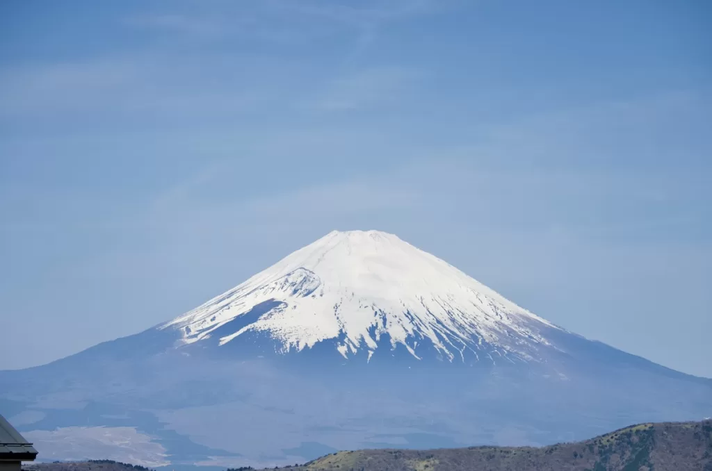 Snow-capped Mt. Fuji from the onsen town of Hakone in Japan.