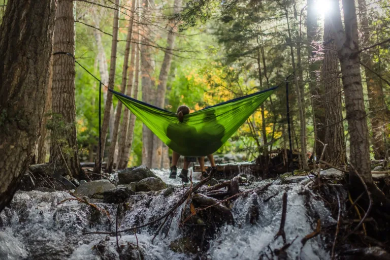 Two women sitting in a green hammock