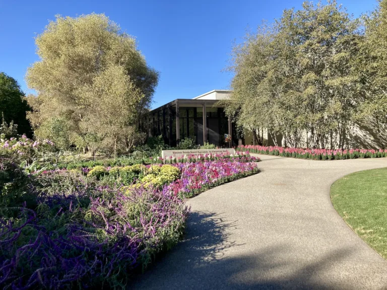 Museum exterior at the Huntington with garden beds.
