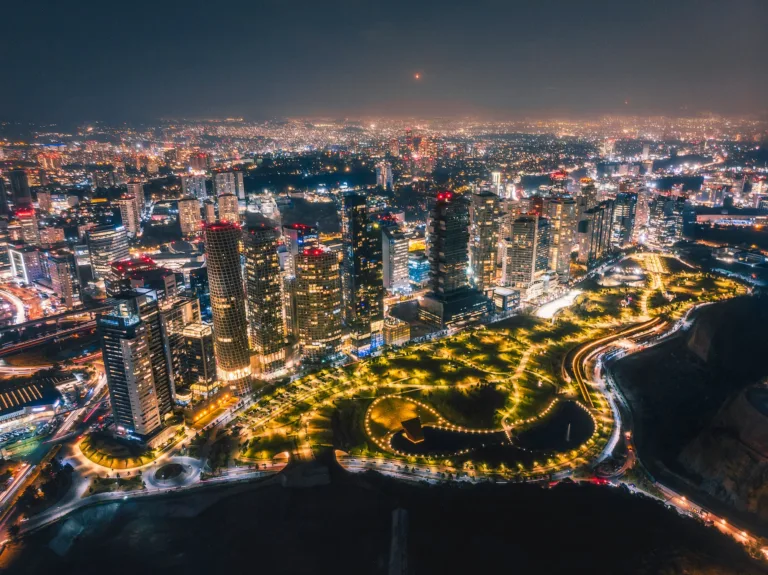 Drone shot of Mexico City at night