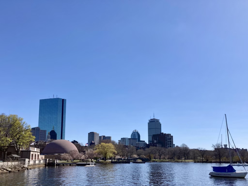 Boston skyline seen from the esplanade with the Prudential and John Hancock building. 