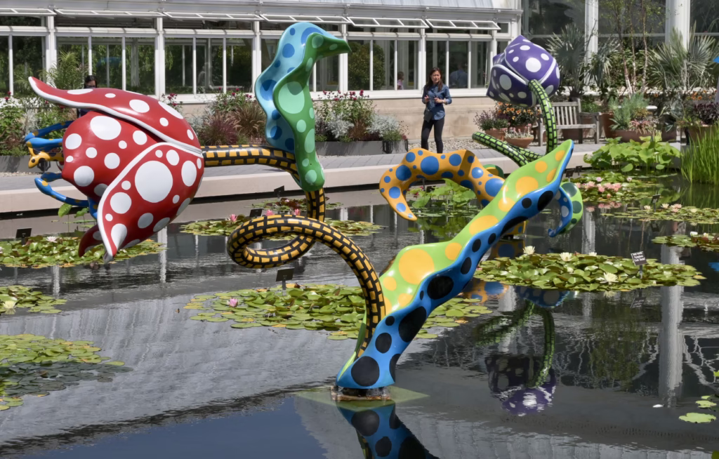 Polka dotted flower sculptures at the New York Botanical Garden. 