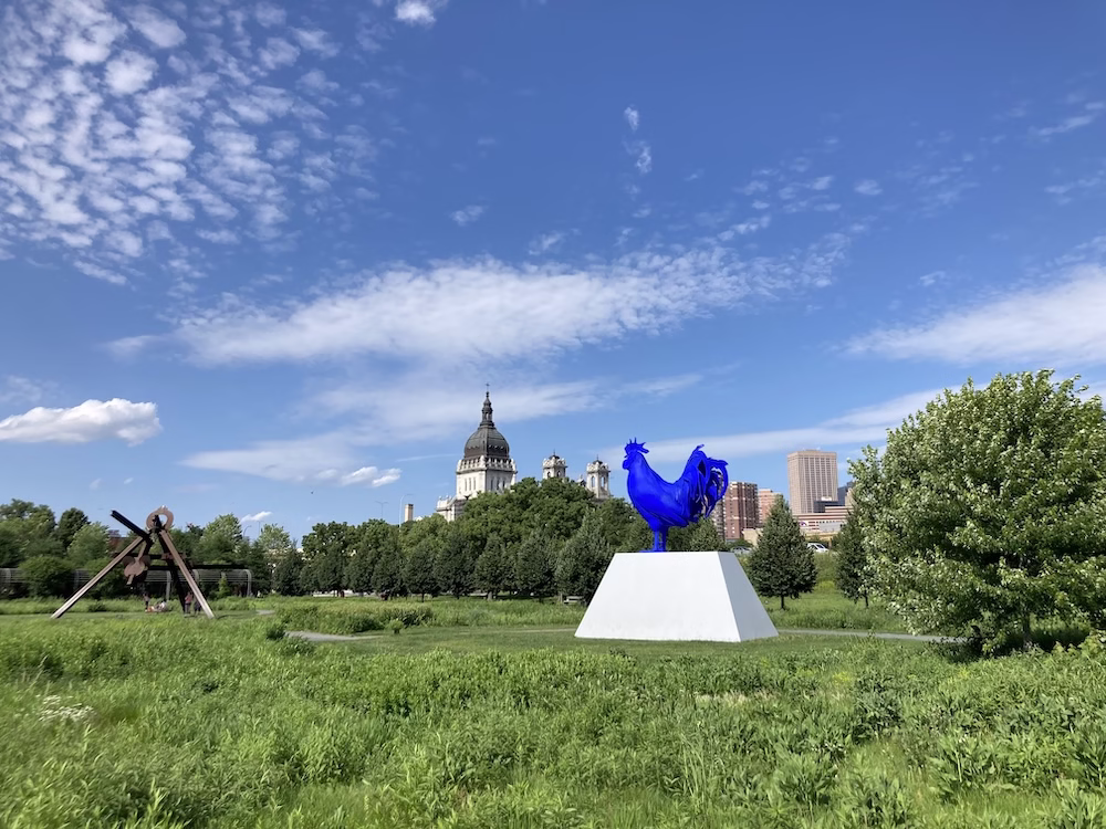 Outdoor sculptures at Walker Art Center including blue rooster.