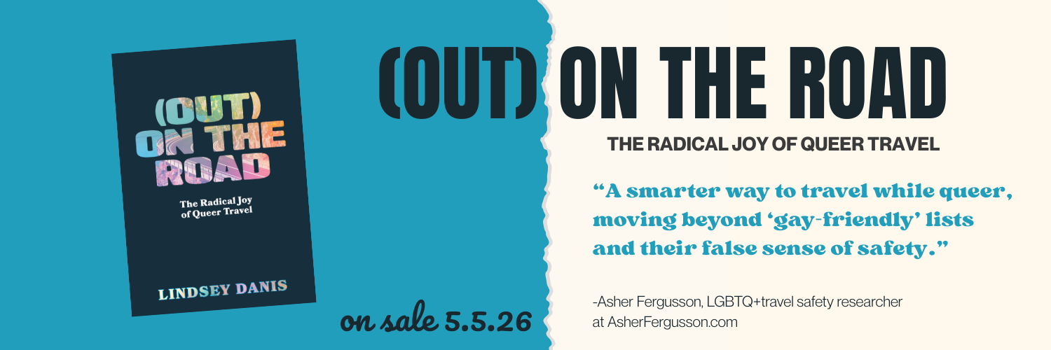 Blue and cream banner for lGBTQ travel book Out On the Road showing cover image and an endorsement